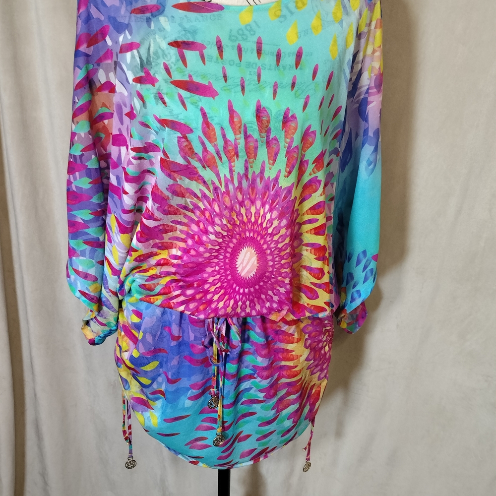 Luli Fama Women's Sexy Tie Dye Chiffon Mini Dress w/Adj Waist & Side Ties. Sz L